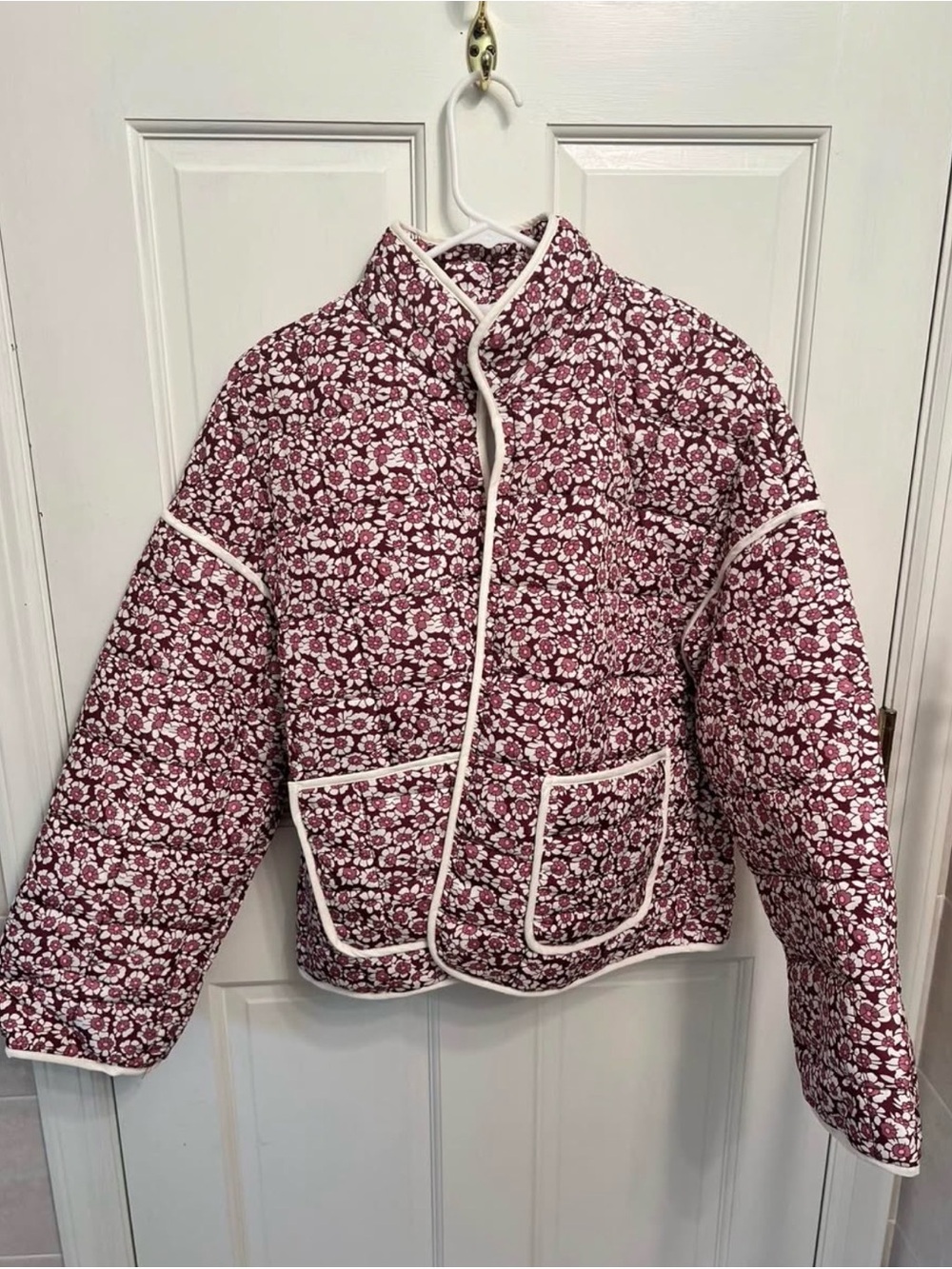 Quilted Floral Jacket with Contrast Trim - Burgundy Pink